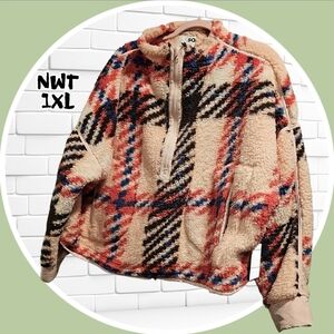 NWT High Pile Sherpa Quarter ZIP Pullover W Pockets & Adj. Bungee Drawstring Hem